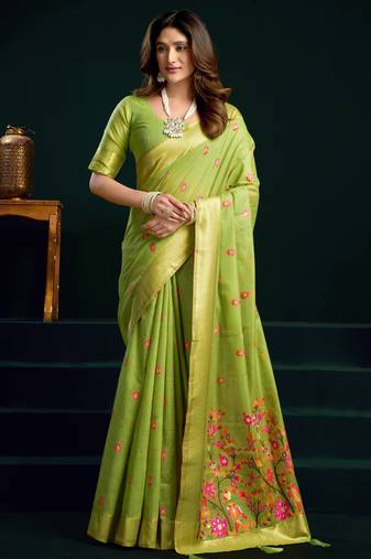 Women's green muga cotton meena zari woven saree with blouse