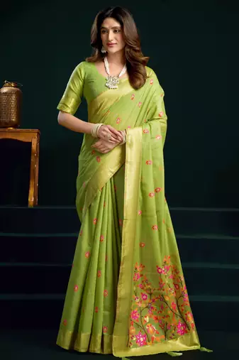 Women's green muga cotton meena zari woven saree with blouse