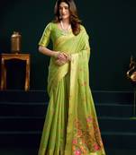 Women's green muga cotton meena zari woven saree with blouse
