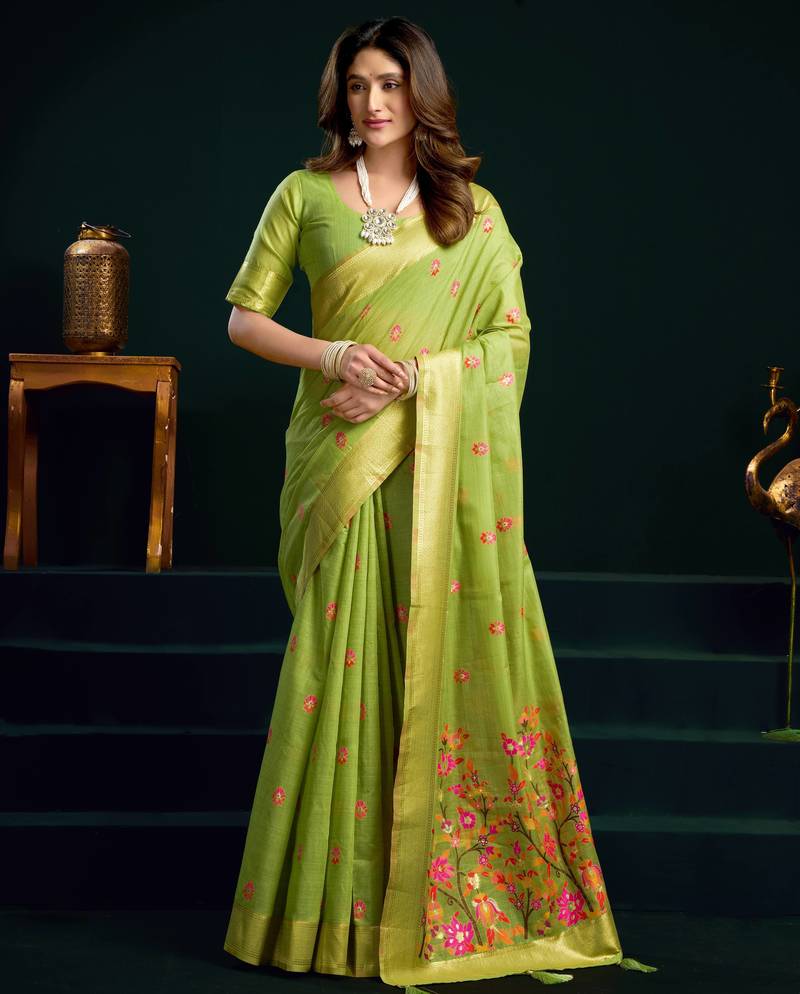 Women's green muga cotton meena zari woven saree with blouse