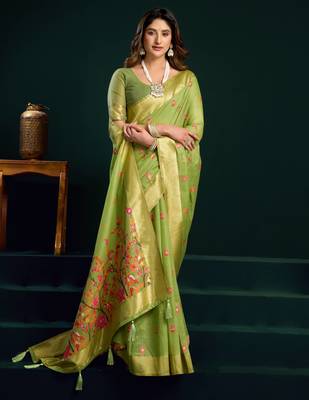 Women's green muga cotton meena zari woven saree with blouse 2