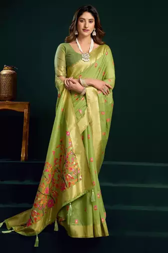 Women's green muga cotton meena zari woven saree with blouse