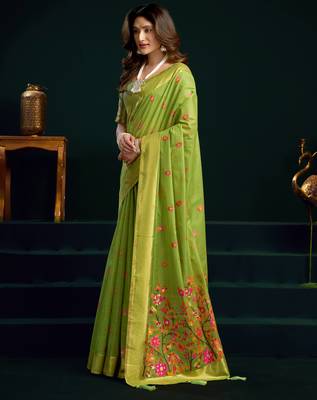 Women's green muga cotton meena zari woven saree with blouse 3