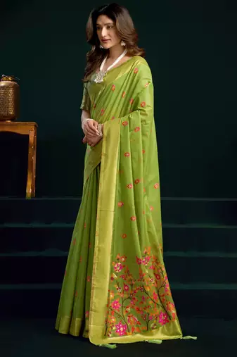 Women's green muga cotton meena zari woven saree with blouse