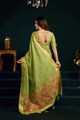 Women's green muga cotton meena zari woven saree with blouse 5