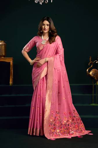 Women's pink muga cotton meena zari woven saree with blouse