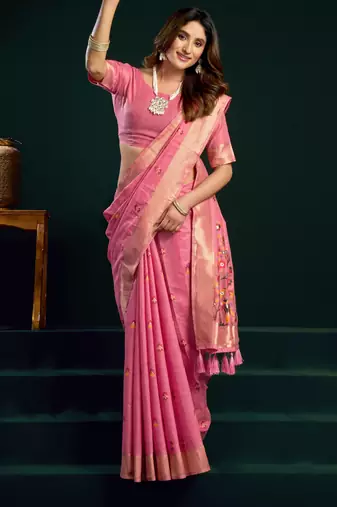 Women's pink muga cotton meena zari woven saree with blouse
