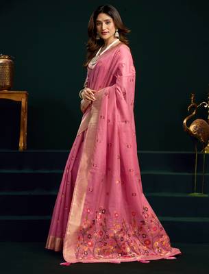 Women's pink muga cotton meena zari woven saree with blouse 3