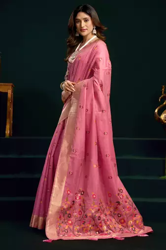 Women's pink muga cotton meena zari woven saree with blouse