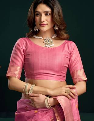 Women's pink muga cotton meena zari woven saree with blouse 4