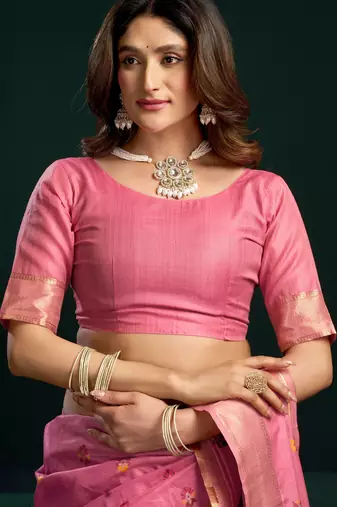 Women's pink muga cotton meena zari woven saree with blouse