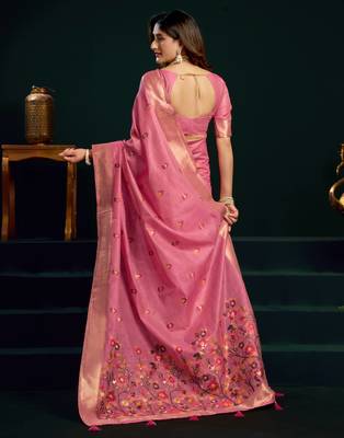Women's pink muga cotton meena zari woven saree with blouse 5