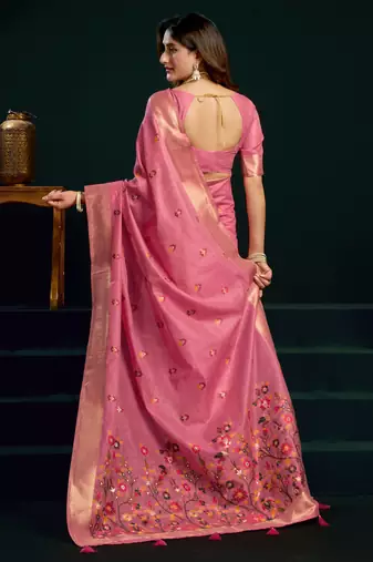 Women's pink muga cotton meena zari woven saree with blouse