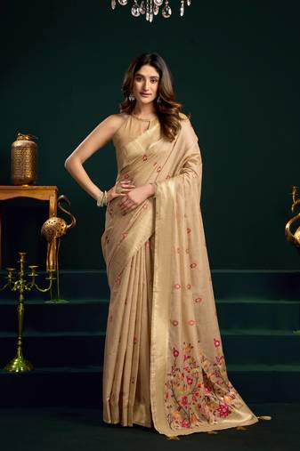 Women's beige muga cotton meena zari woven saree with blouse