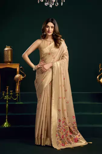 Women's beige muga cotton meena zari woven saree with blouse