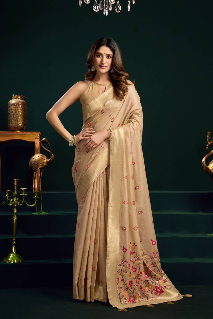 Women's beige muga cotton meena zari woven saree with blouse