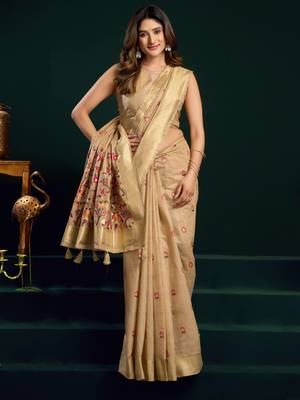 Women's beige muga cotton meena zari woven saree with blouse 2