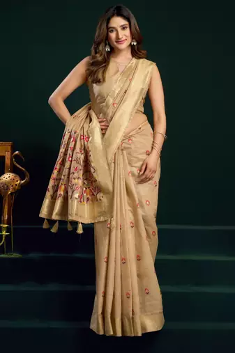 Women's beige muga cotton meena zari woven saree with blouse