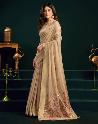 Women's beige muga cotton meena zari woven saree with blouse 3