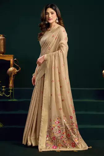 Women's beige muga cotton meena zari woven saree with blouse