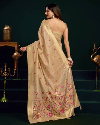 Women's beige muga cotton meena zari woven saree with blouse 5