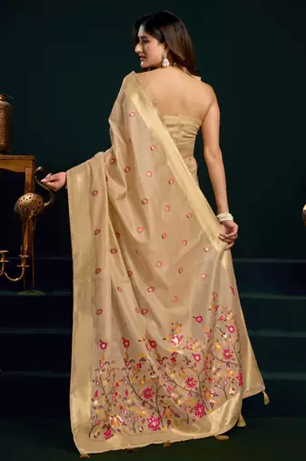 Women's beige muga cotton meena zari woven saree with blouse