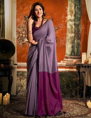 Women's purple cotton contrast pallu saree with blouse 1