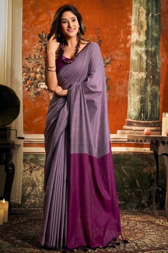 Women's purple cotton contrast pallu saree with blouse