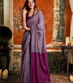 Women's purple cotton contrast pallu saree with blouse