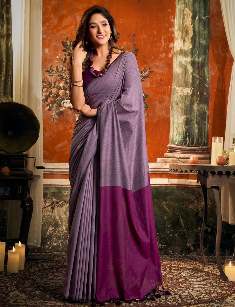 Women's purple cotton contrast pallu saree with blouse