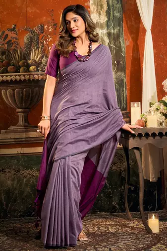 Women's purple cotton contrast pallu saree with blouse