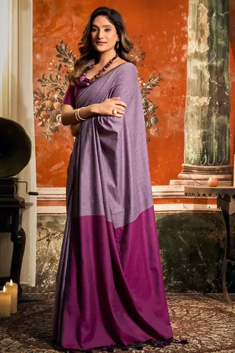 Women's purple cotton contrast pallu saree with blouse