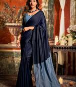 Women's navy blue cotton contrast pallu saree with blouse