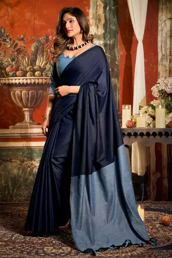 Women's navy blue cotton contrast pallu saree with blouse
