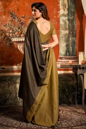 Women's coffee cotton contrast pallu saree with blouse