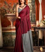 Women's maroon cotton contrast pallu saree with blouse