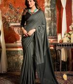 Women's dark grey cotton contrast pallu saree with blouse