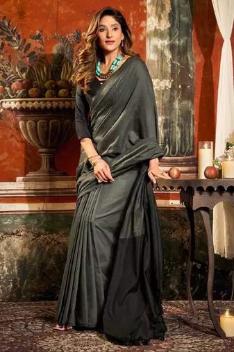 Women's dark grey cotton contrast pallu saree with blouse