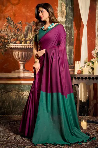 Women's magenta cotton contrast pallu saree with blouse