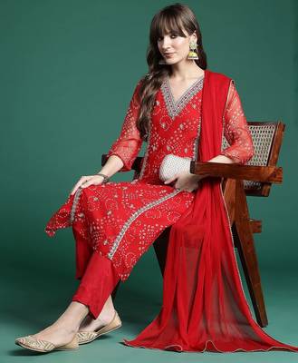 Bandhani Printed Zari Panelled Kurta With Trousers & Dupatta 1