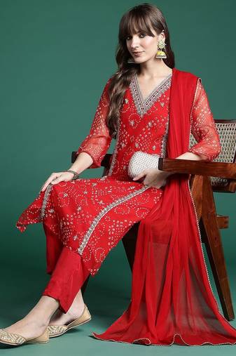 Bandhani Printed Zari Panelled Kurta With Trousers & Dupatta