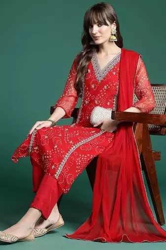 Bandhani Printed Zari Panelled Kurta With Trousers & Dupatta
