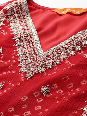 Bandhani Printed Zari Panelled Kurta With Trousers & Dupatta 2
