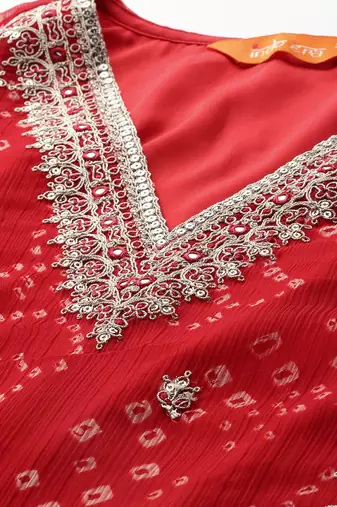 Bandhani Printed Zari Panelled Kurta With Trousers & Dupatta