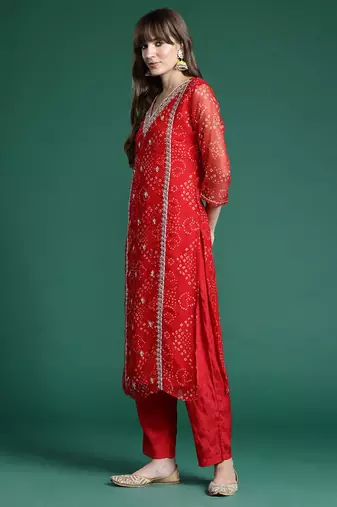 Bandhani Printed Zari Panelled Kurta With Trousers & Dupatta