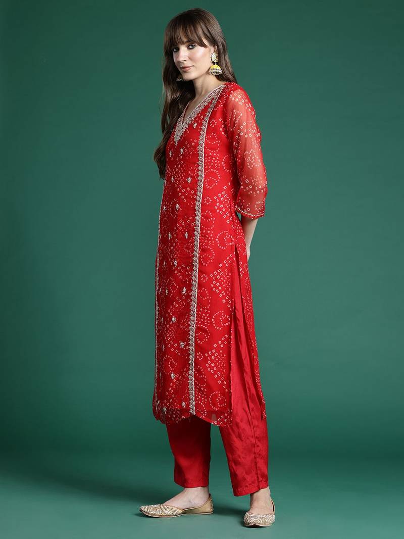 Bandhani Printed Zari Panelled Kurta With Trousers & Dupatta