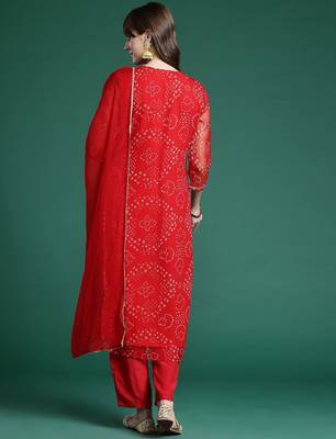 Bandhani Printed Zari Panelled Kurta With Trousers & Dupatta 6