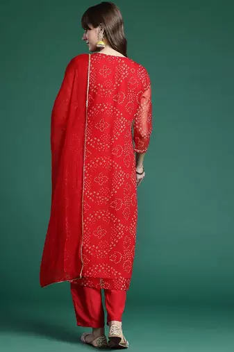 Bandhani Printed Zari Panelled Kurta With Trousers & Dupatta