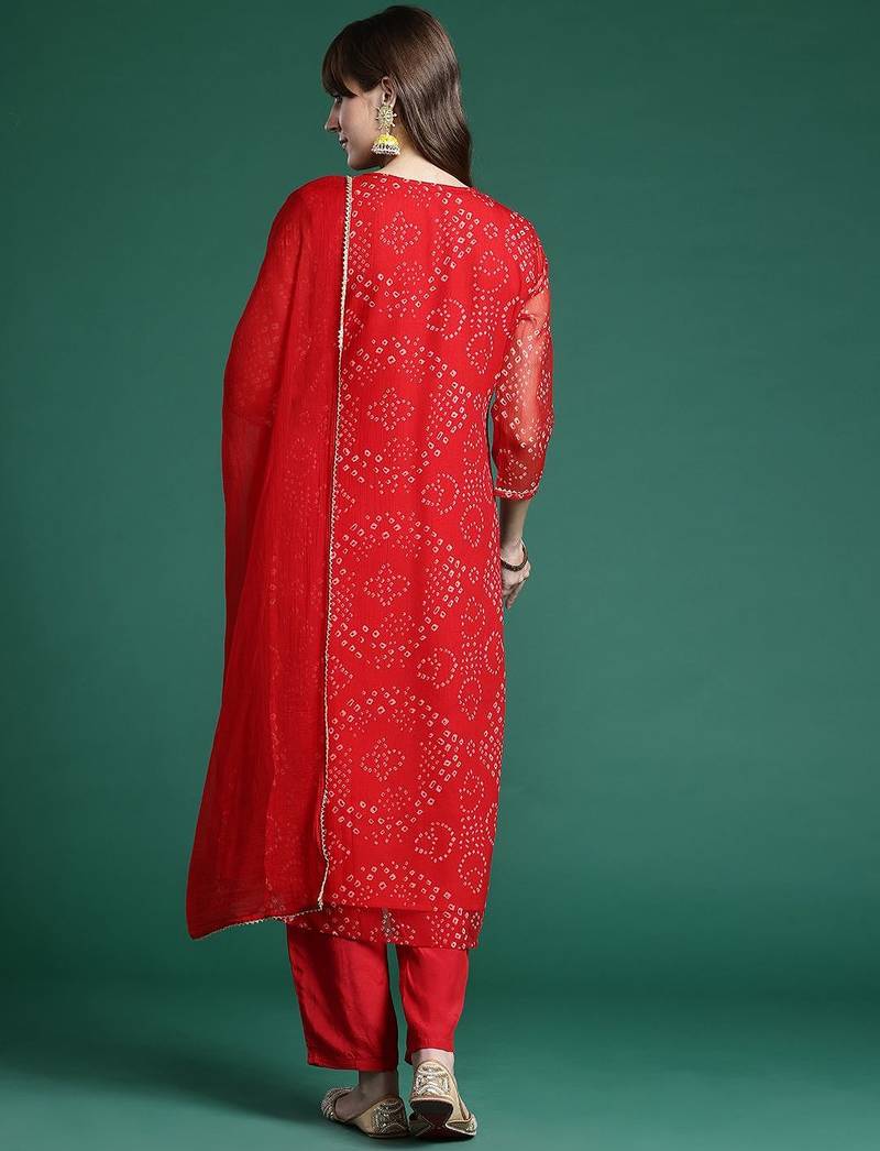 Bandhani Printed Zari Panelled Kurta With Trousers & Dupatta