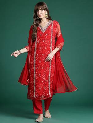 Bandhani Printed Zari Panelled Kurta With Trousers & Dupatta 7
